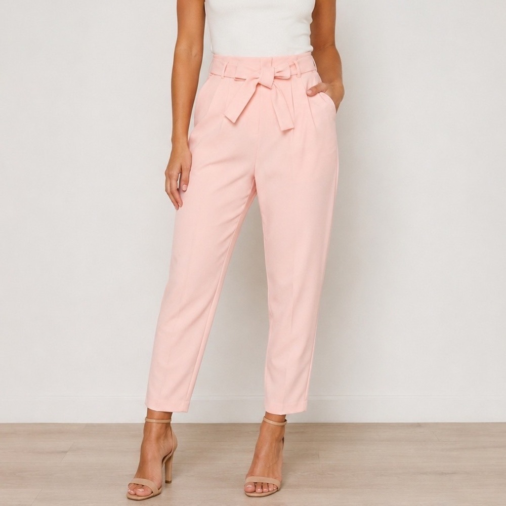 Calvin Klein Trousers Women 12 Light Pink High Rise Tie Waist Pleated Dress Pant